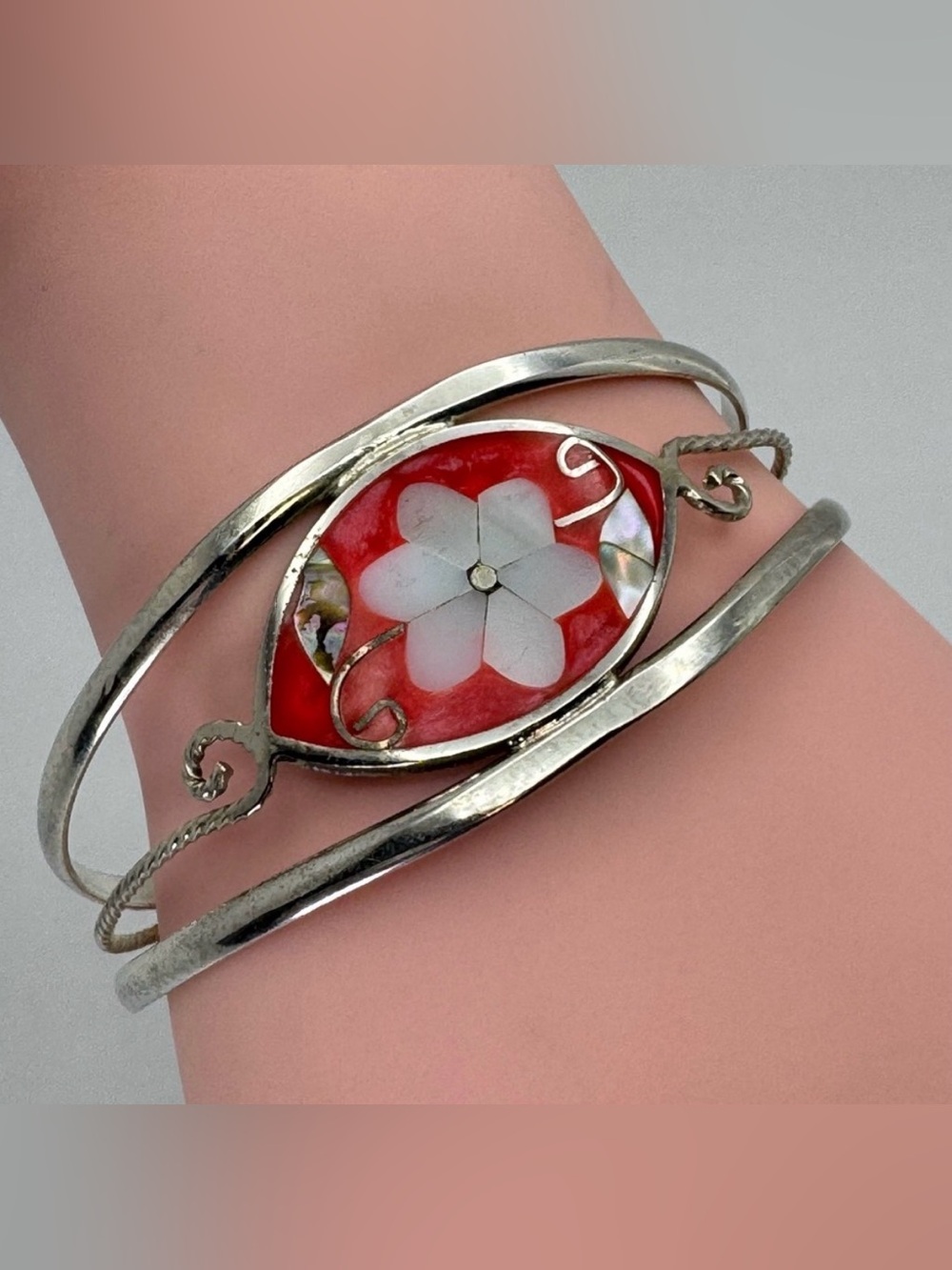 Vintage Alpaca Silver Mexico Red Mother of Pearl Floral Inlay Cuff Bracelet